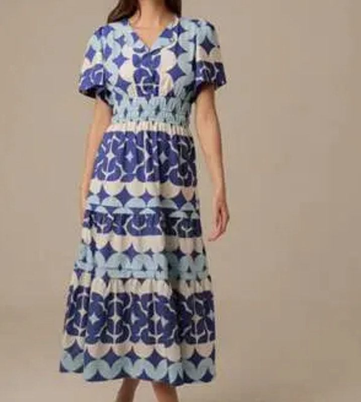 Lavi V Neck Geometric Smocked Waist Geometric Midi Dress Blue White Size Large